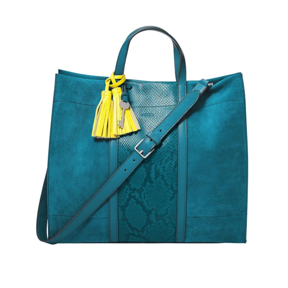 FOSSIL CARMEN LEATHER SHOPPER TOTE - LAGOON (NEW) - Picture 2 of 6